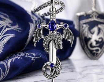 Dragon Sword Birthstone Necklace, Personalized Fantasy Pendant, Gothic Dragon Jewelry, Medieval Sword Necklace Gift for Dragon Lovers