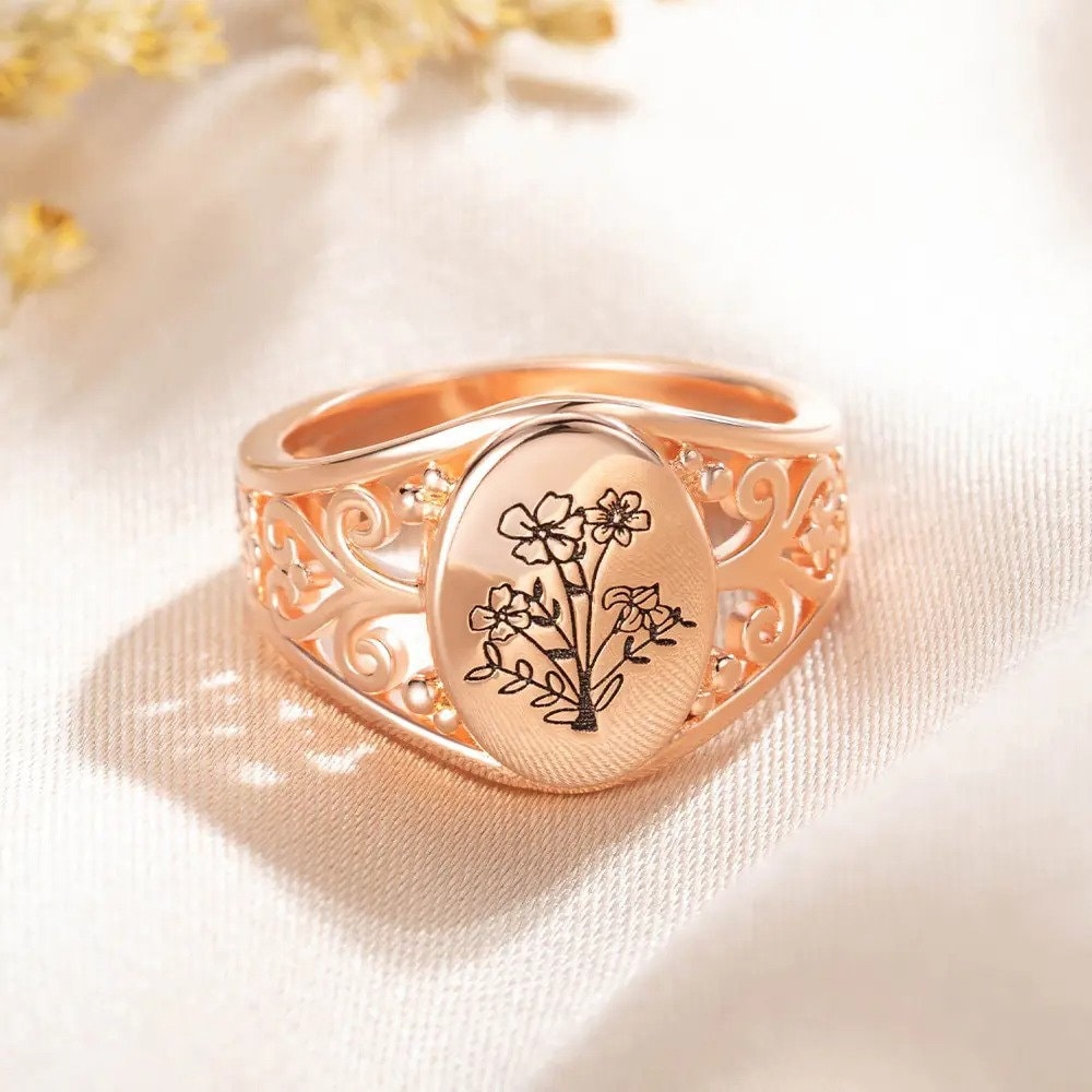 Personalized Birth Flowers Ring, Custom Birthflowers Family Ring | Sterling Silver 925 Bouquet Ring | Engraved Ring for Women, Gifts for Mom