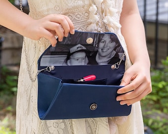 Custom Silk Clutch with Hidden Photo Lining, Personalized Bridal Purse, Wedding Accessory