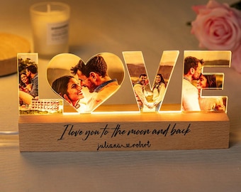 Personalized Couple Photo LED Night Light | Custom Acrylic Lamp, Wooden Base