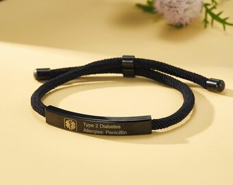 Custom Medical Alert ID Bracelet, Engraved Rope Band, Personalized Emergency Jewelry