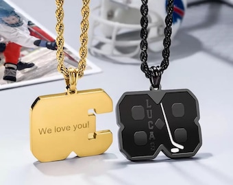 Custom Ice Hockey Numbers Necklace with Name | Hockey Team Gifts for Champion | Gifts for Kids Hockey Players | Gifts for Men and Sport Fans