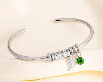 Custom Family Kid Names Beads & Birthstone Bracelet | Mother's Day Open Bangle Bracelet | Gift for Mom/Grandma