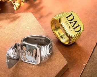 Custom Photo Engraved Signet Ring | Personalized Photo Locket Ring | Memorial Gifts for Dad , Birthday/Father's Day Love | Couple Photo Ring
