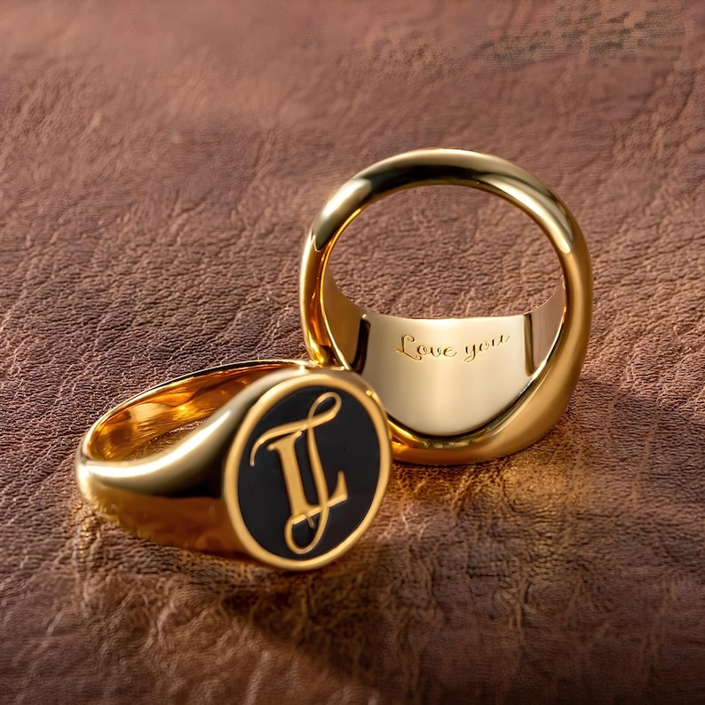 Signet Ring With R Script Personalized Initials Stacked Signet Ring With Engraved Text ...