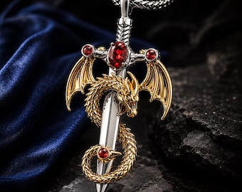 Personalized Dragon Sword Necklace, Gothic Fantasy Birthstone Jewelry, Gamer Gift