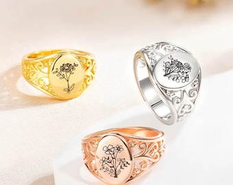 Personalized Birth Flowers Ring, Custom Birthflowers Family Ring | Sterling Silver 925 Bouquet Ring | Engraved Ring for Women, Gifts for Mom