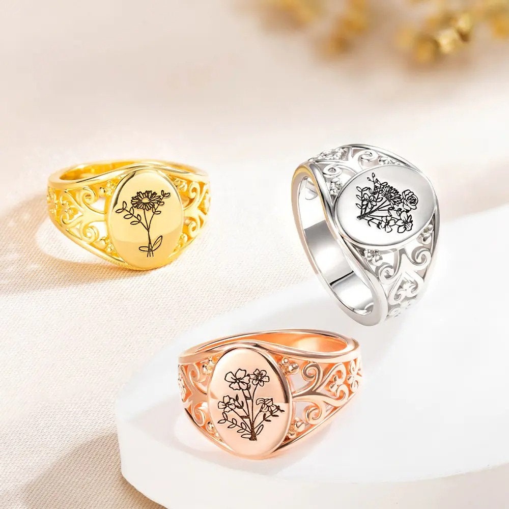 Personalized Birth Flowers Ring, Custom Birthflowers Family Ring | Sterling Silver 925 Bouquet Ring | Engraved Ring for Women, Gifts for Mom