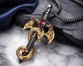 Dragon Sword Birthstone Necklace, Personalized Fantasy Pendant, Gothic Dragon Jewelry, Medieval Sword Necklace Gift for Dragon Lovers