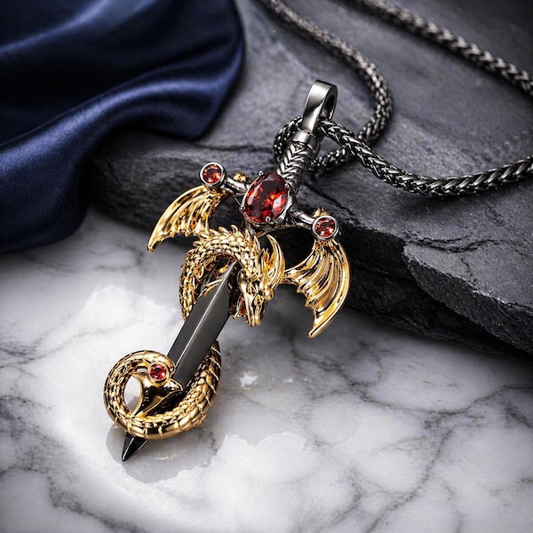 Drachen Schwert Geburtsstein Halskette, Fantasy Anhänger, Gothic Drachen Schmuck, Mittelalter Halskette Geschenk für Drachen Liebhaber