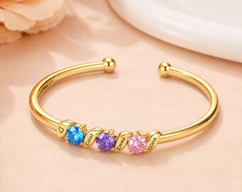 Custom Birthstone Bracelet Gold with Names, Personalized Mom Bangle, Family Bracelet Gift for Grandma, Mother’s Day Jewelry