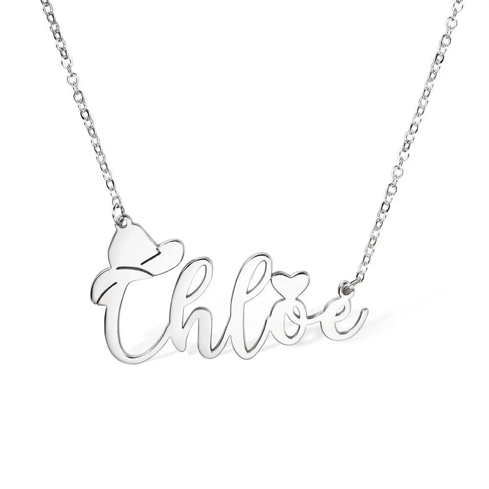 Personalized Name Necklace with Cowboy Hat | Cowboy Fashion, Cowboy Necklace, Name Necklace with Heart | Gift for Friend/Cowboy, Horse Lover