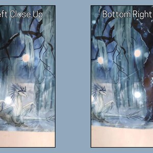 Puede incluir: Pintura a la acuarela de una escena de fantas&iacute;a con un drag&oacute;n blanco en un bosque nevado. La obra presenta &aacute;rboles detallados, car&aacute;mbanos y orbes brillantes, creando una atm&oacute;sfera m&iacute;stica. El texto "Bottom Left Close Up" y "Bottom Right Close up" es visible.