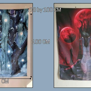 Puede incluir: Dos tapices de tela. El izquierdo representa una escena de bosque invernal con una criatura blanca, mide 78 cm por 100 cm. El derecho presenta una figura de drag&oacute;n con tres lunas rojas, tambi&eacute;n 78 cm por 100 cm.