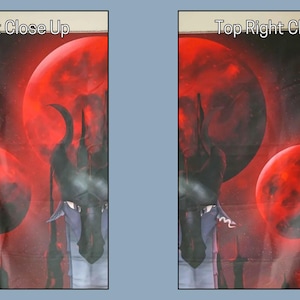 Puede incluir: Un estandarte oscuro que presenta una escena de fantas&iacute;a con una gran luna roja y una figura silueteada con cuernos. La obra de arte tiene un ambiente dram&aacute;tico y de otro mundo, con tonos de rojo, negro y morado. El estandarte es probablemente decorativo.