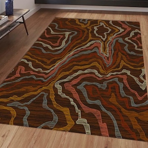 Tapis à motif topographique, tapis aux lignes de contour abstraites terreuses, tapis décoratif marron, tapis or rouille et bleu ardoise, tapis de sol géométrique moderne