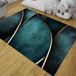 Emerald Rug, Teal and Gold Wave Area Rug, Modern Abstract Carpet for Living Room Rug,  Green Rug, Minimalist Rug, Washable  Rug, Aesthetic