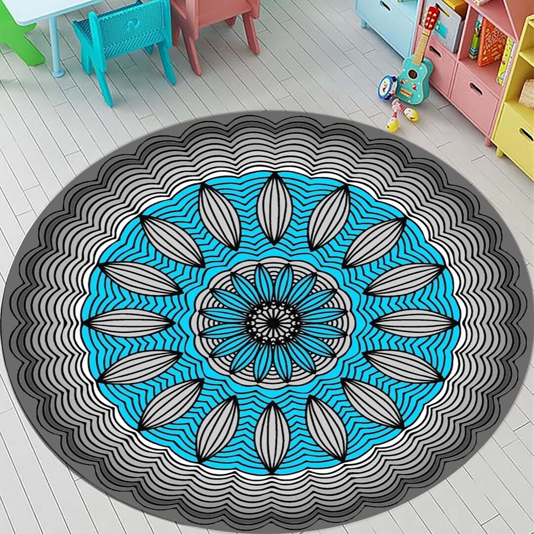 Mandala Rug, Round Rug, Round Mandala Rug, Modern Blue and Black ...