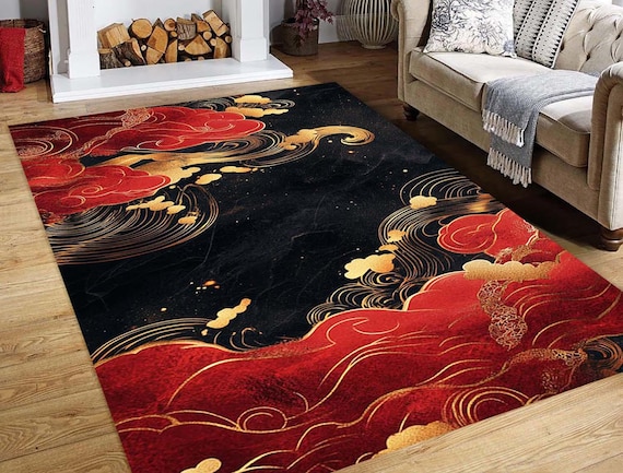 Marble Rug, Luxury Asian Inspired Area Rug, Red and Gold