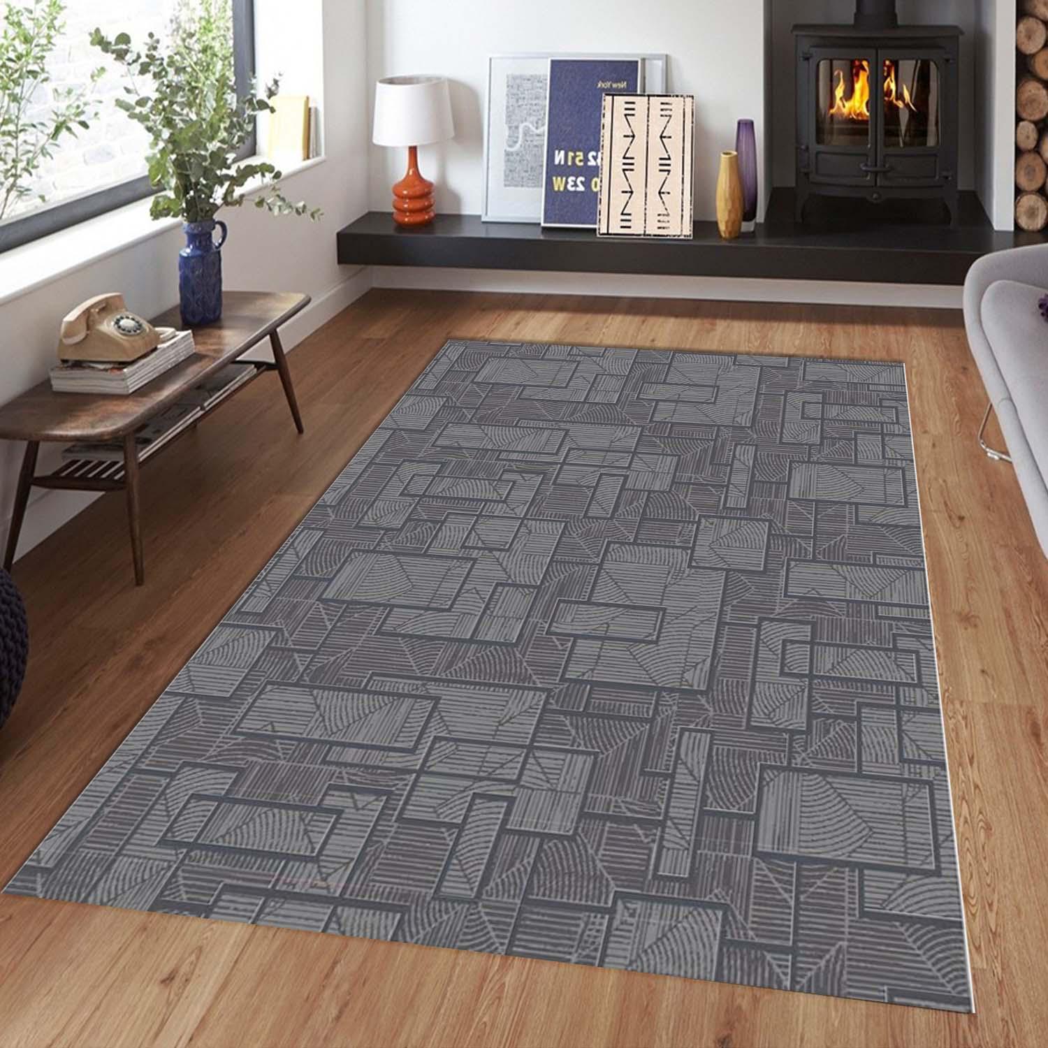 モダンなグレーの幾何学模様のラグ、ミニマリストな長方形の模様の