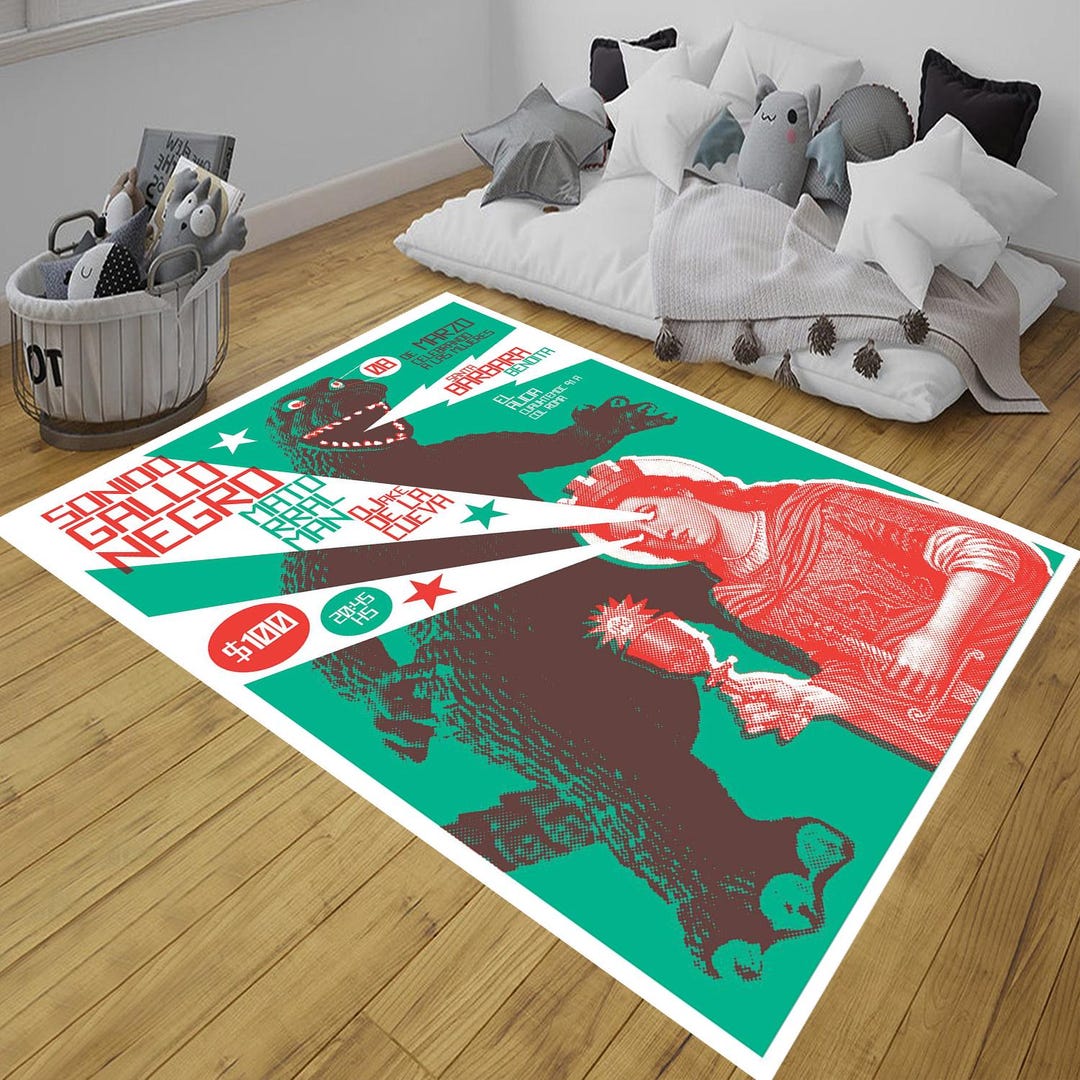 Retro Monster Poster Rug– Indie Concert Art Area Rug • Vintage Kaiju ...