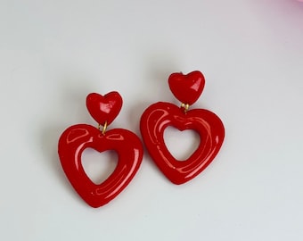 Red Heart earrings | Handmade polymer clay earrings |love shape earrings |Heart shape earrings| Red Earrings