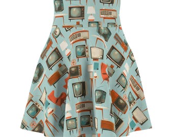 Retro TV Pattern Skater Skirt | Vintage Television Print
