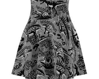 Ankylosaurus Skater Skirt: Black White Dinosaur Skeleton Print