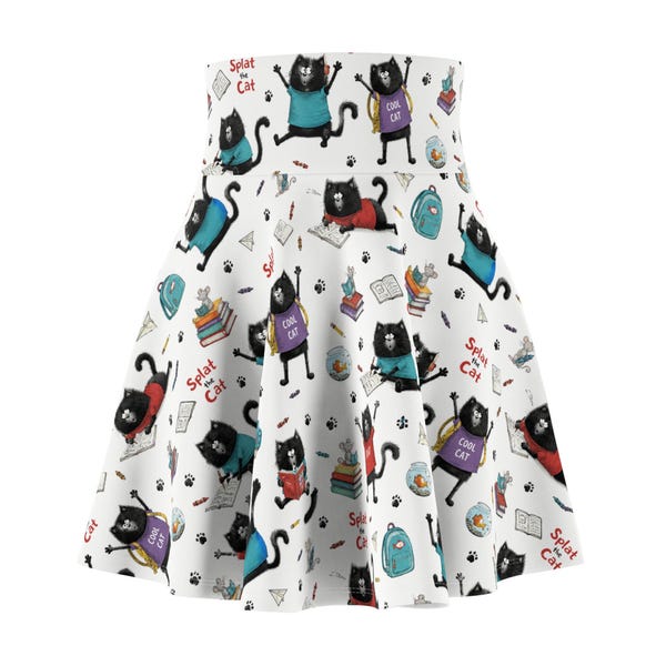 Falda de patinadora inspirada en Splat the Cat, maestra de cuentos, amante de los libros, escuela, literatura, fantasía, moda felina