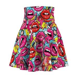 Pop Art Graphic Skater Skirt - Lips Burst Print, High Waist