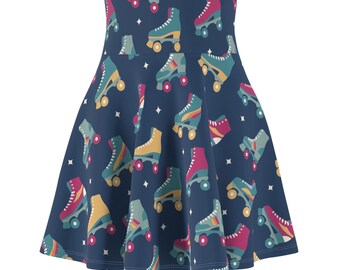 Retro Roller Skates Skater Skirt, Navy | Vintage Skate Graphic