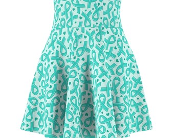 Teal Awareness Ribbon Pattern Skater Skirt Ovarian Cancer, PCOS, PTSD