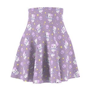 Saia skater com estampa de gatinho espacial kawaii | Estampa de gatinho do planeta roxo