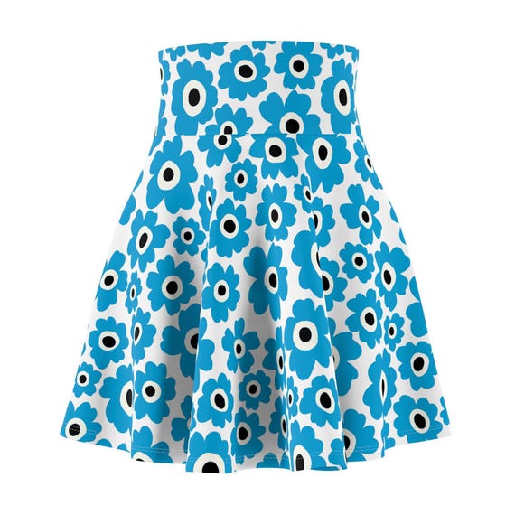 Daisy Print Skater Skirt: Retro Blue Turquoise Floral (high Rise