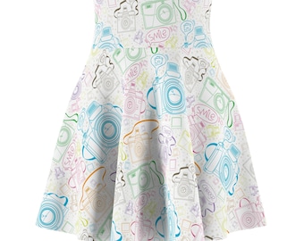 Pastel Camera Skater Skirt | Photography Print, Retro Cameras, Hand-Drawn Design