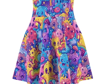 Kawaii Skater Skirt, Rainbow Creature Print, Pastel Goth Harajuku Style