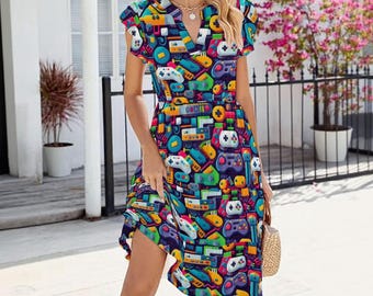 Midi Dress: Casual Gamer Style (Cap Sleeve, Tiered Skirt)