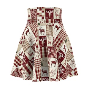 May include: A high-waisted skater skirt featuring a patchwork design of red, white, and beige squares. The pattern includes illustrations of deer, snowflakes, and plaid textures. The skirt has a flared silhouette and a wide, fitted waistband.