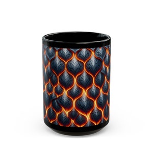 May include: Black ceramic mug with a design of a repeating pattern of blue and orange scales.