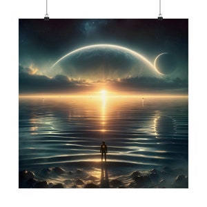 May include: A lone astronaut stands on a rocky shore, gazing out at a vast, rippling ocean. A large, glowing planet hangs in the sky, with a crescent moon in the distance. The sun sets on the horizon, casting a warm glow over the scene.