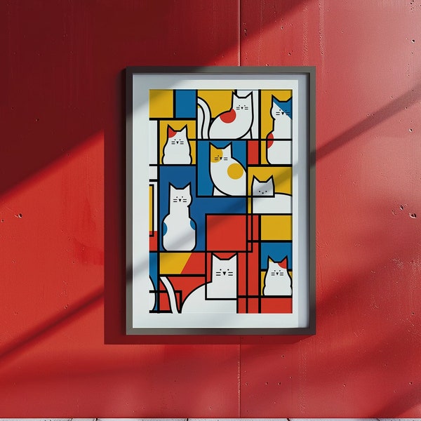 Geometric Whiskers: Vibrant Mondrian-Inspired Abstract Cat Digital Art Poster Print | Downloadable Wall Art Deco | Digital Download