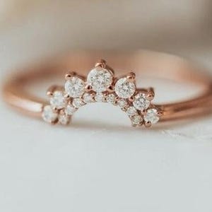 Dainty Curved Round Shaped Wedding Band, Thin Moissanite Stackable Band, 925 Silver Gold Plated U Shaped Band, Cluster Set Anniversary Band