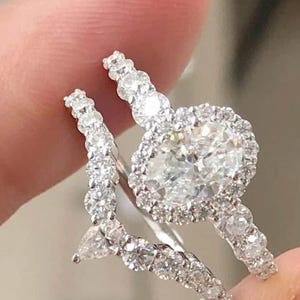 Oval Cut Colorless Moissanite Bridal Ring Set, Curved Matching Band Ring Set, Oval Halo Engagement Ring Set, Solid Gold Propose Gift For Her