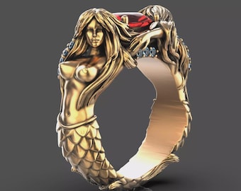 Sjöjungfruring med röd ädelsten, jubileumspresent, fantasisjöjungfrusmycken, havsgudinna-ring, födelsedagspresent, uttalande-ring, unik fiskarmband