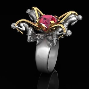 Tug of Fire Ring Fire Flame Ring Birthday Gift Divine Fire Sign Ring Ruby Stone Ring Human Figure Ring Biker Gift Statement Ring Gothic Ring