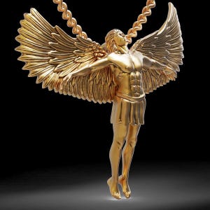 Puede incluir: Un collar con colgante dorado que presenta una escultura detallada de una figura alada con los brazos extendidos. La figura tiene un físico musculoso y está suspendida de una cadena dorada. Las alas están intrincadamente diseñadas y la estética general es ornamentada y detallada.