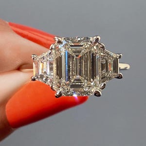Three Stone Emerald Cut Moissanite Ring, Side Stone Trapezoid Cut Ring, 925 Silver 14K Solid Gold Plated Ring, Anniversary Gifts Women Rings