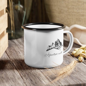 Mountain Adventure Enamel Mug - White Camping Cup with &#39;Adventure Awaits&#39; Text