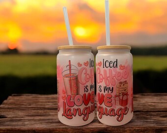 Frosted Glass Iced Coffee Cup (16oz) - Coffee Lover Tumbler with Lid and Straw