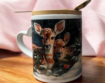 Christmas mug with lid and spoon, heart handle Sublimation mug